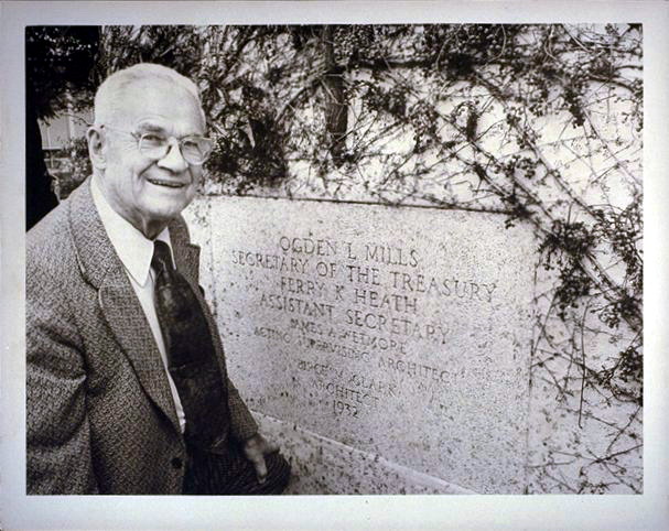 Birge Clark with Post Office corner stone