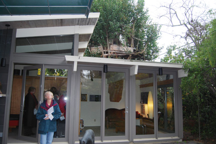 Patio with tree house behind